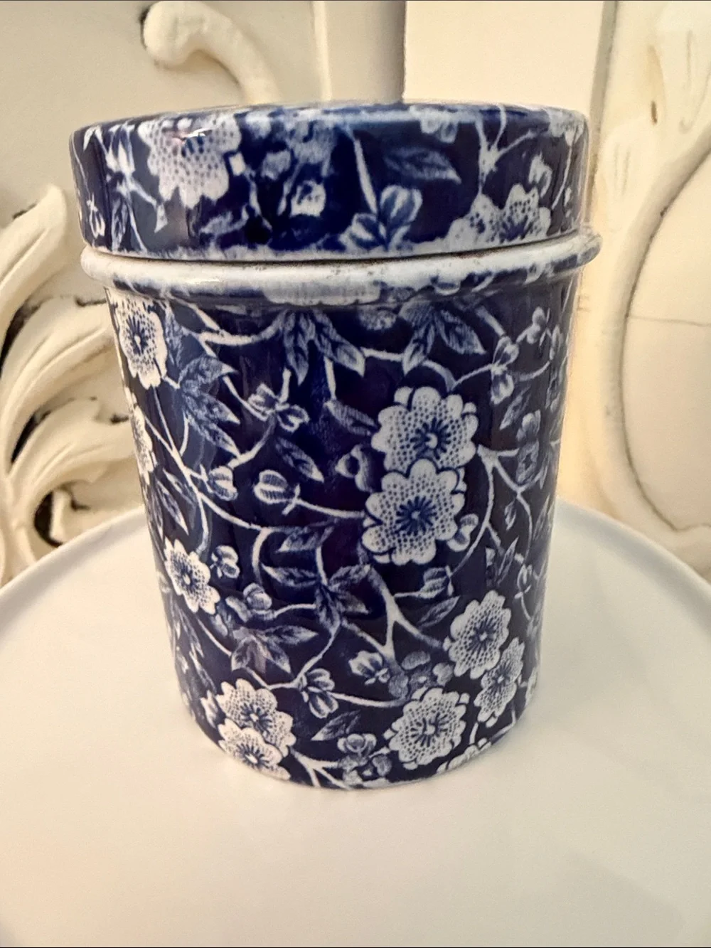 Calico 3 3/4 in. Blue and White Ironstone Canister 6 Oz. Made in England